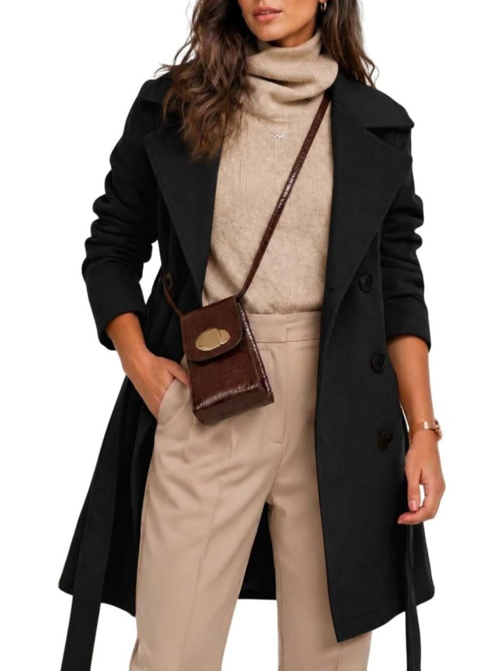Stylish Women's Double-Breasted Wool Midi Trench Coat with Belt - Warm & Chic